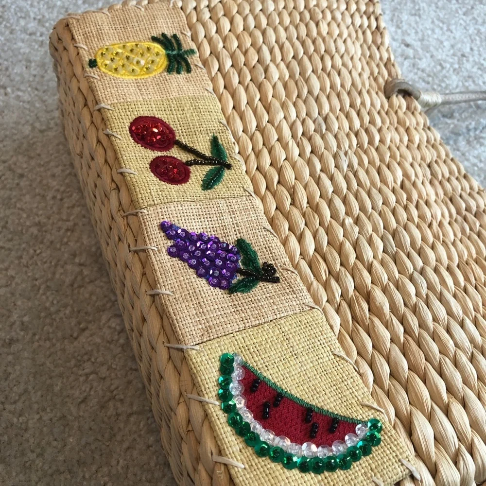 Xhilaration Vintage Wicker Purse Embroidered Beaded Fruit Medium Size Bag